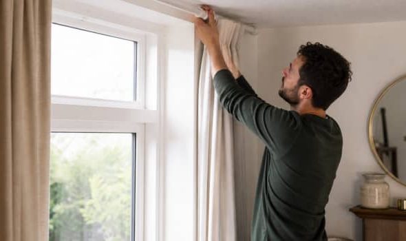 Illustration representing how to put up curtain pole without drilling